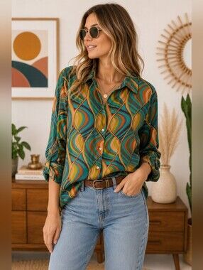 ✨ HAVER London Retro Mod Psychedelic Button Up Blouse Small✨